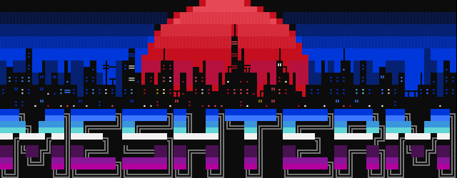MeshTerm, in ANSI art: a red sun setting behind a city skyline, over the wordmark